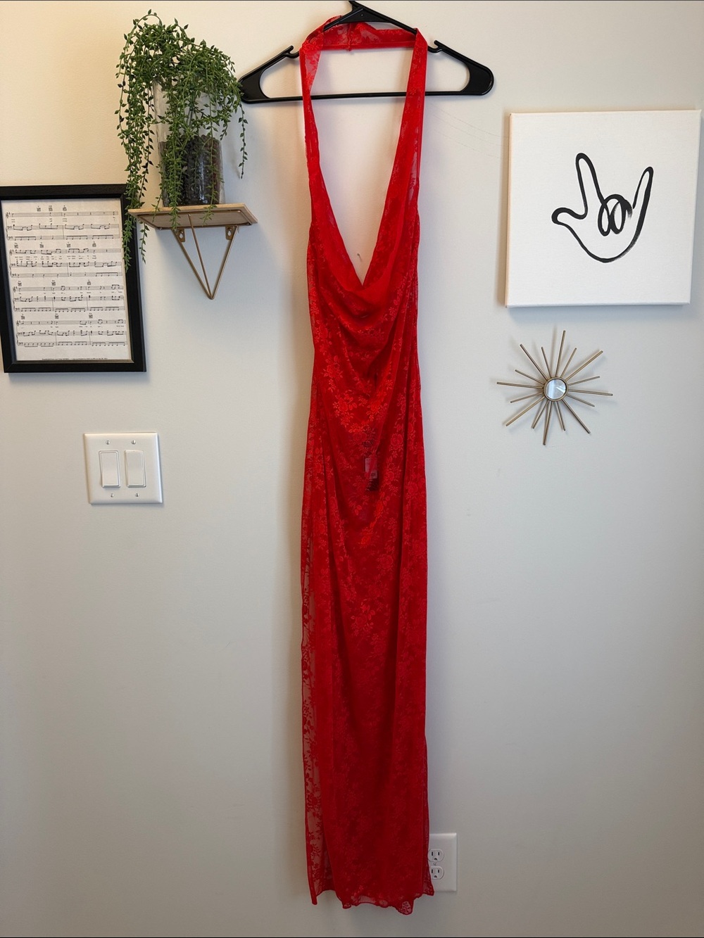 Red Lace Backless Halter Collar Neck Maxi Dress